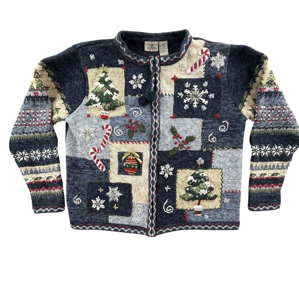 Vintage RedHead Cardigan Sweater Womens Medium Blue Christmas Tree Sequin Ugly